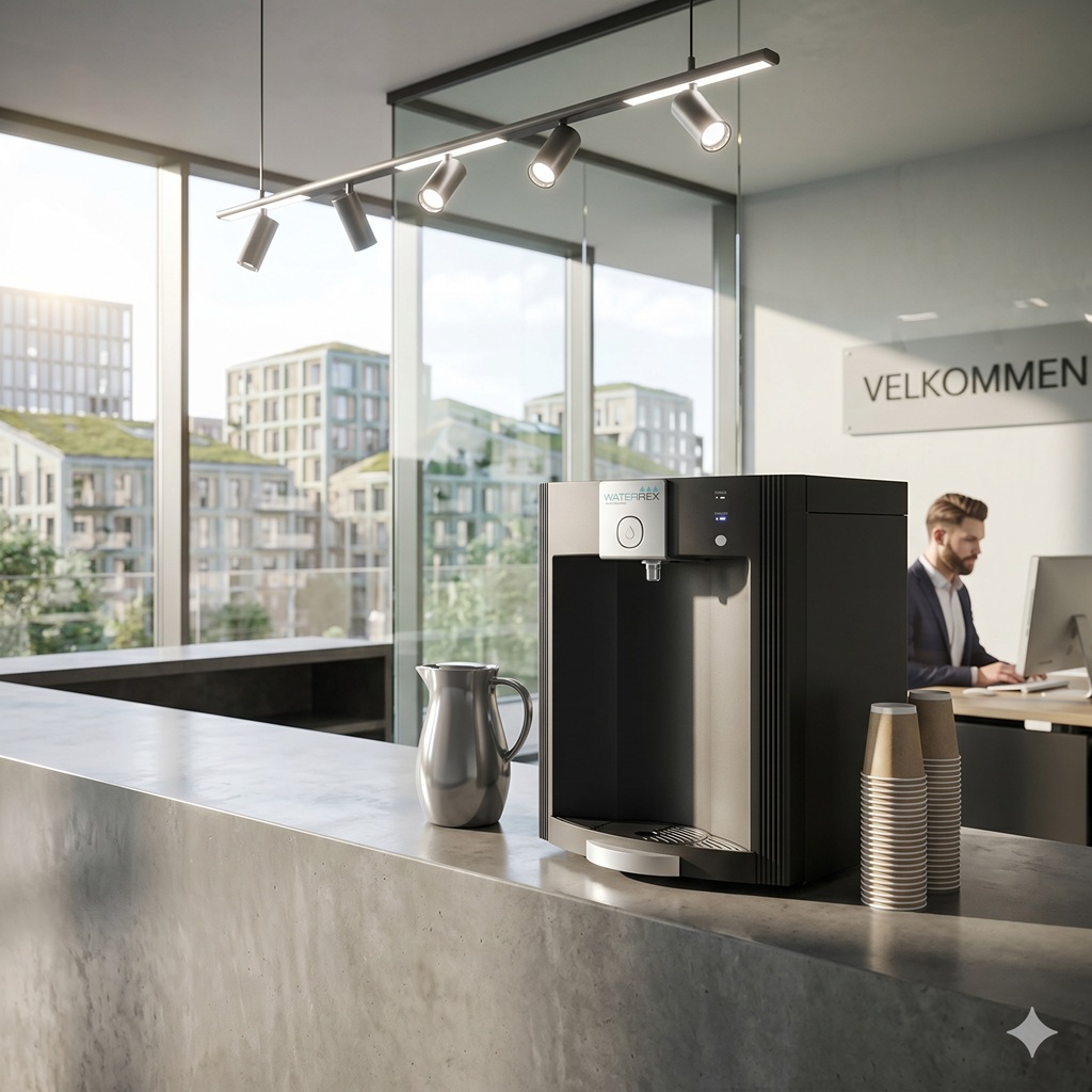 Kompakt bordmodel fra RENT A COOLER ved en travl kontorreception