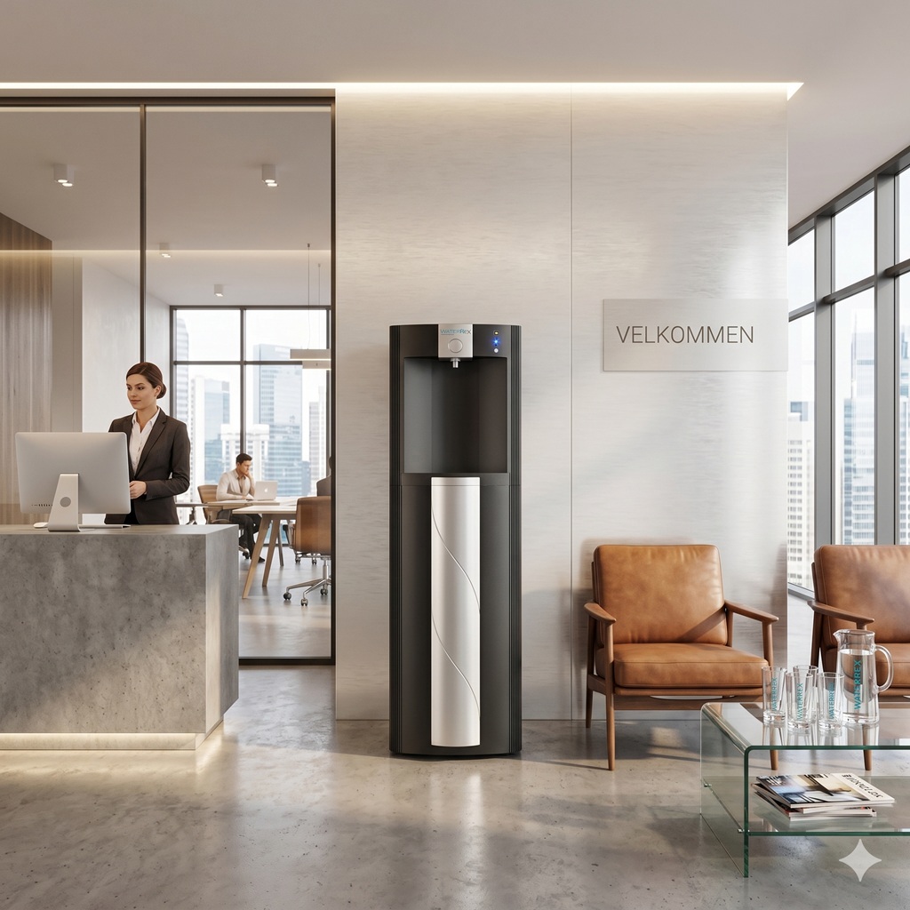 Gulvmodel fra RENT A COOLER ved en moderne reception i et lyst kontormiljø