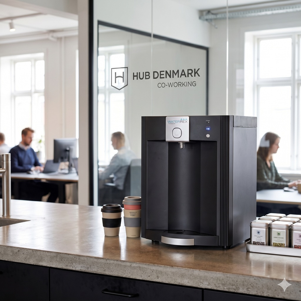 Kompakt bordmodel fra RENT A COOLER i et åbent co-working-miljø