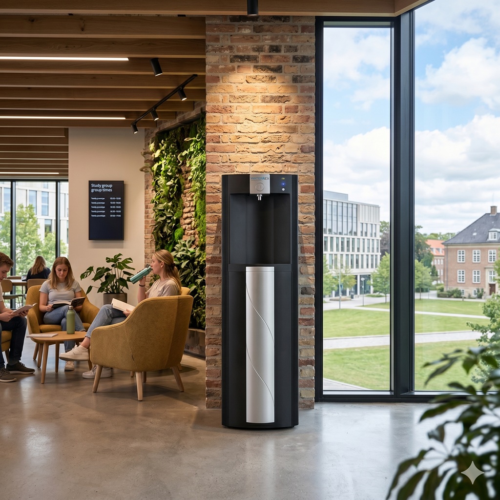 Gulvmodel fra RENT A COOLER i et lyst fællesområde med studiepladser